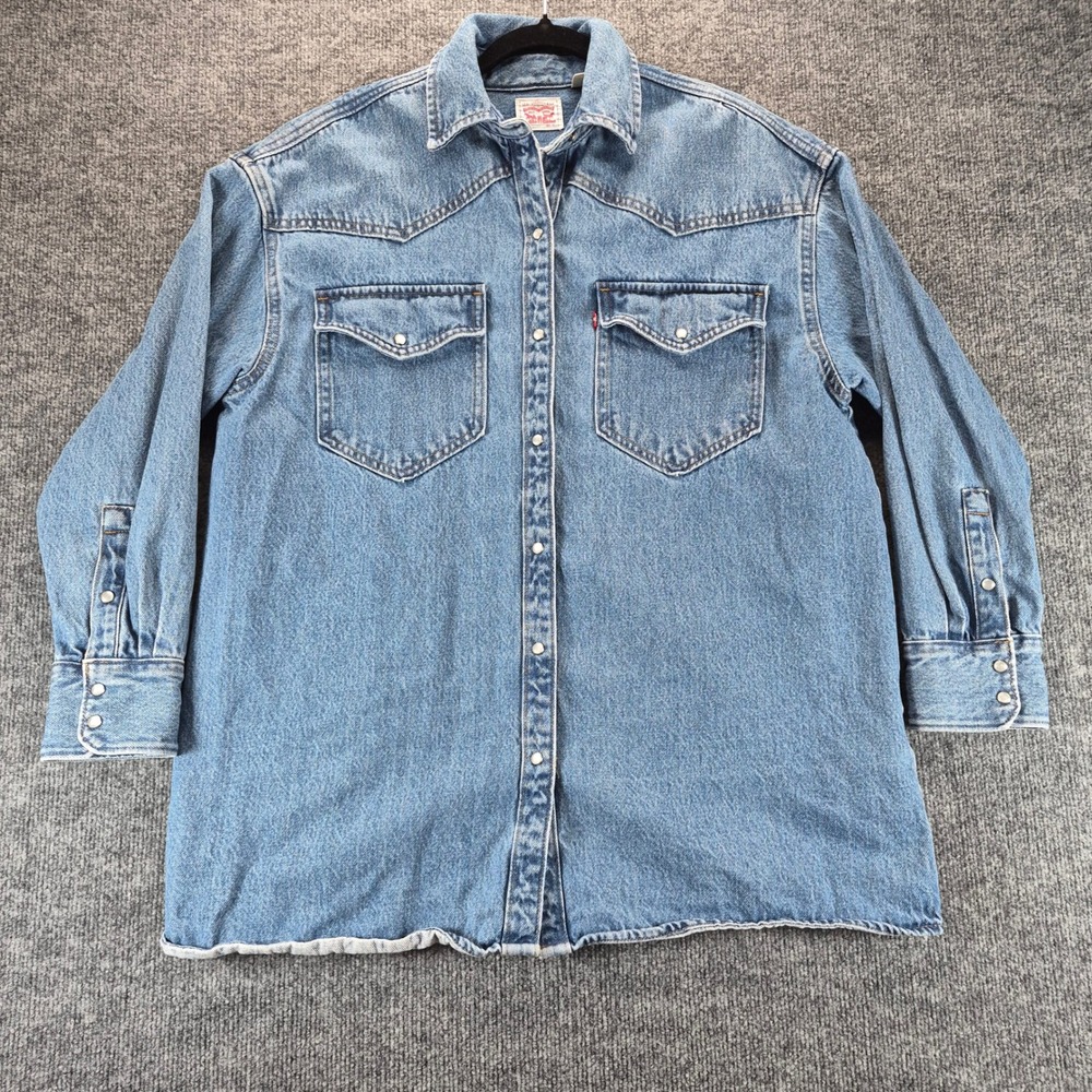 Levi's Women's Heavyweight Denim Western Snap Shirt Small Blue Pearl Snap Button